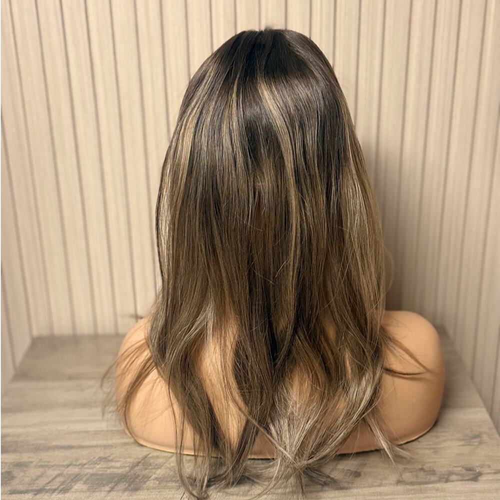Human Hair Topper 18in Brown Blonde Highlights Clip In Hairpiece NEW
